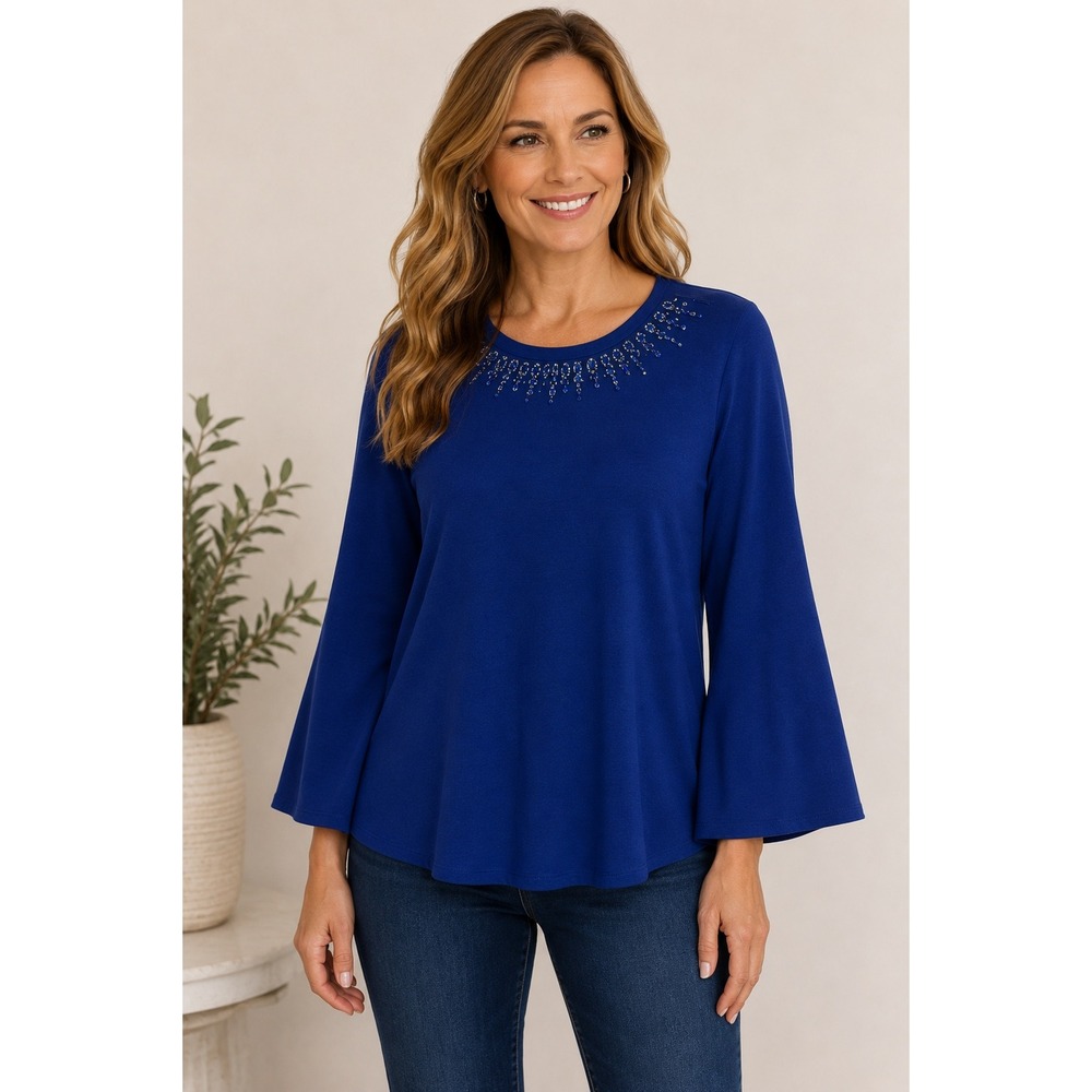 CHICO'S 1 Sweater Medium 8 Royal Blue Jewel Neck Bell Sleeve Embellished